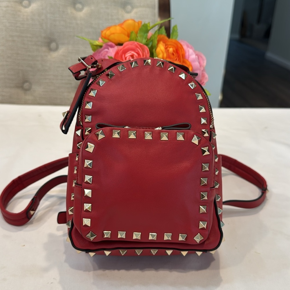 Valentino Garavani Red Mini Backpack with Pyramid Studs